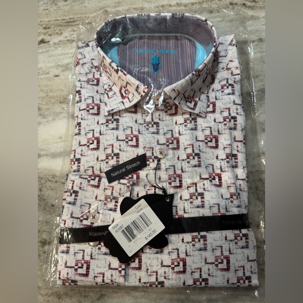 Visconti Black Men's White and Red Geometric Dress Shirt